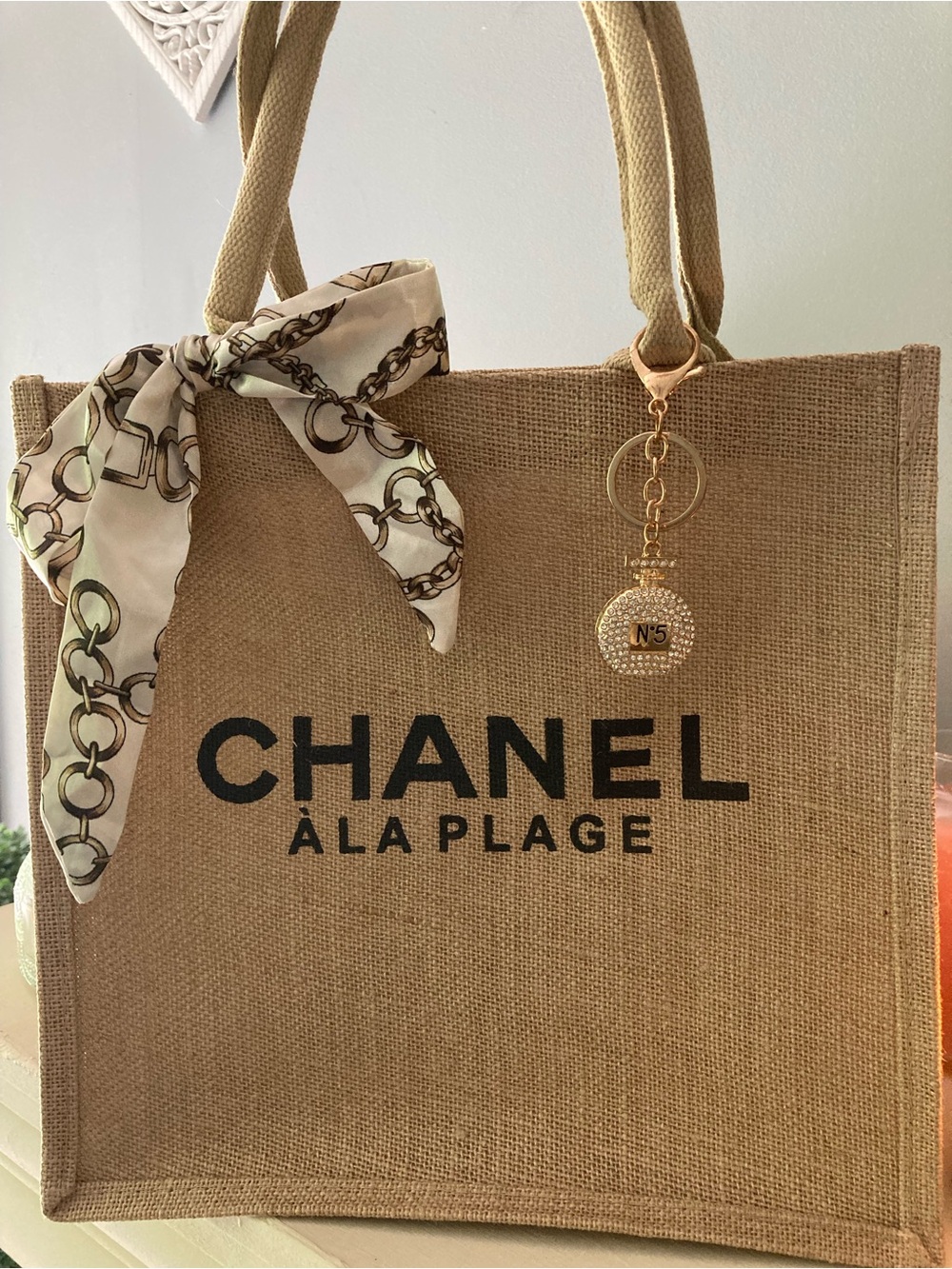 CHANEL Natural Jute Tote with choice of scarf  and Gold Charm